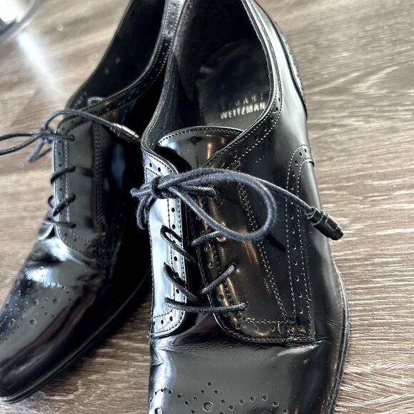 EUC Stuart Weitzman Thomas Black Patent Leather Oxford Heels 8 M Lace Up Brogue - Picture 13 of 16